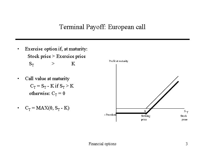 Terminal Payoff: European call • Exercise option if, at maturity: Stock price > Exercice