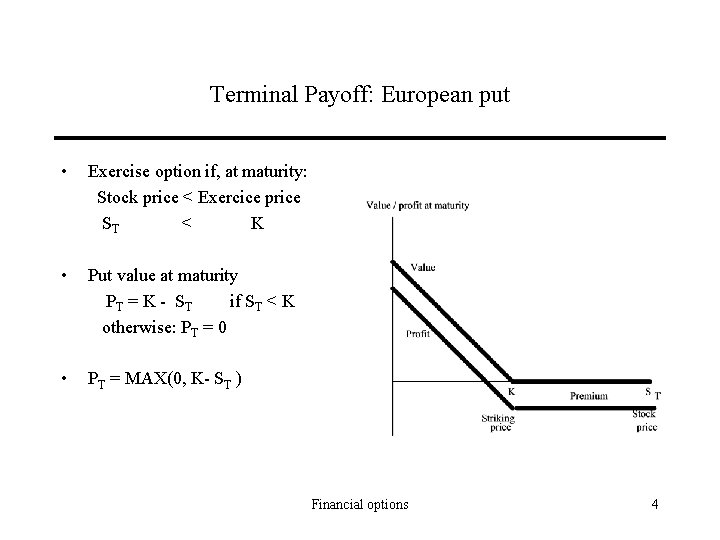 Terminal Payoff: European put • Exercise option if, at maturity: Stock price < Exercice