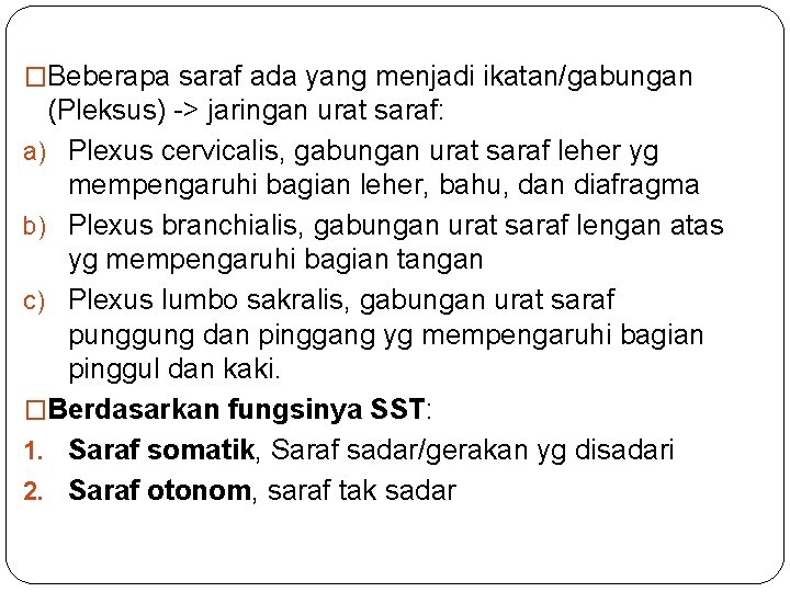 �Beberapa saraf ada yang menjadi ikatan/gabungan (Pleksus) -> jaringan urat saraf: a) Plexus cervicalis,