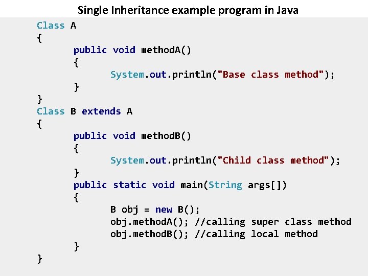 Single Inheritance example program in Java Class A { public void method. A() {