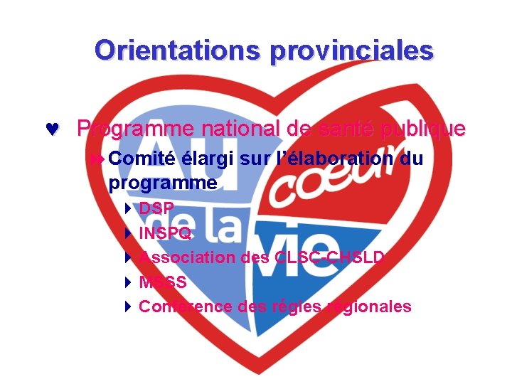 Orientations provinciales © Programme national de santé publique 8 Comité élargi sur l’élaboration du