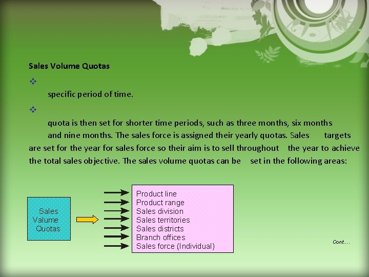 Sales Volume Quotas v specific period of time. v quota is then set for