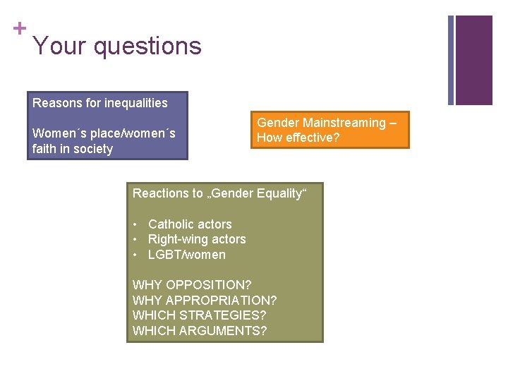 + Your questions Reasons for inequalities Women´s place/women´s faith in society Gender Mainstreaming –