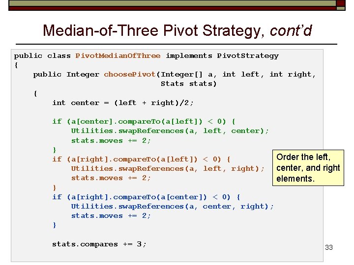 Median-of-Three Pivot Strategy, cont’d public class Pivot. Median. Of. Three implements Pivot. Strategy {