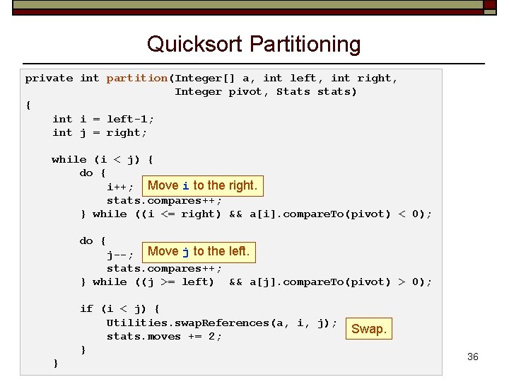 Quicksort Partitioning private int partition(Integer[] a, int left, int right, Integer pivot, Stats stats)