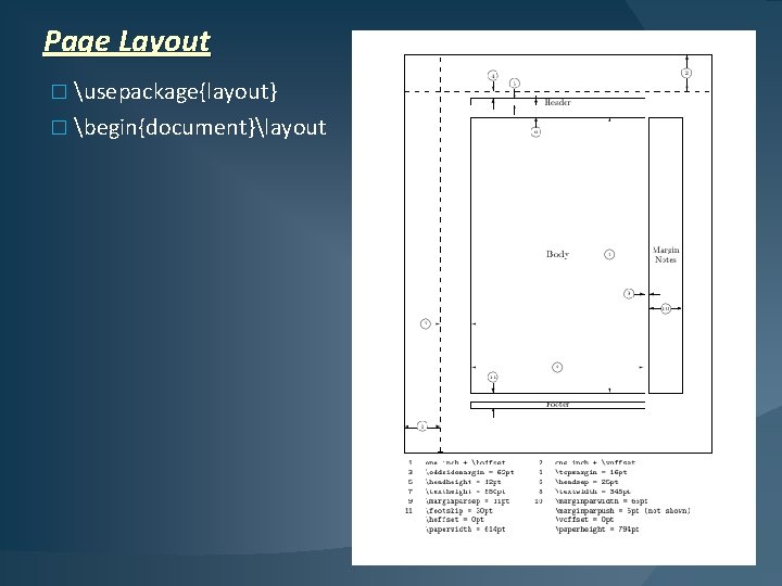 Page Layout � usepackage{layout} � begin{document}layout 