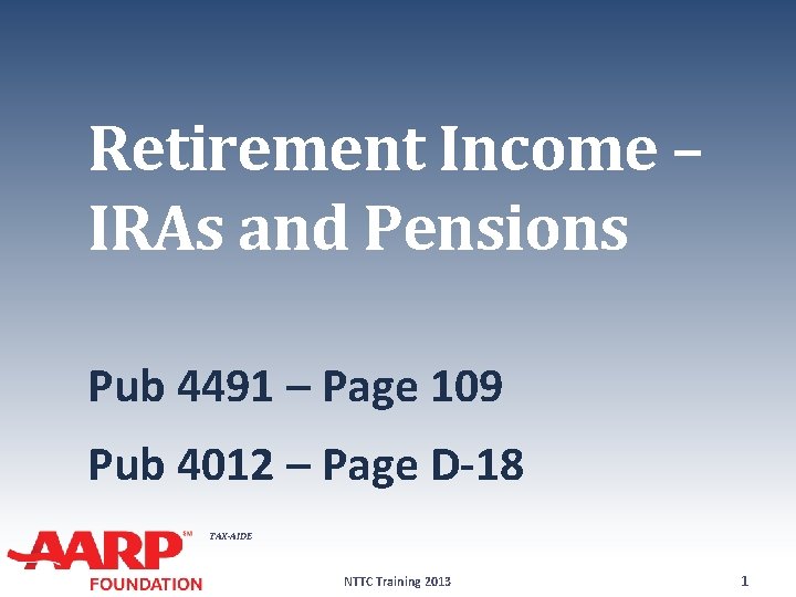 Retirement Income – IRAs and Pensions Pub 4491 – Page 109 Pub 4012 –