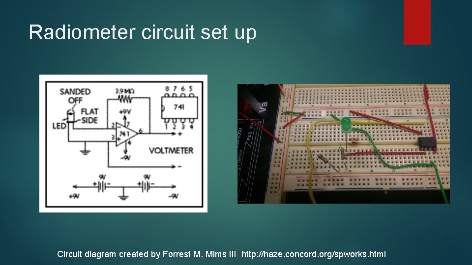 Radiometer circuit set up Circuit diagram created by Forrest M. Mims III http: //haze.