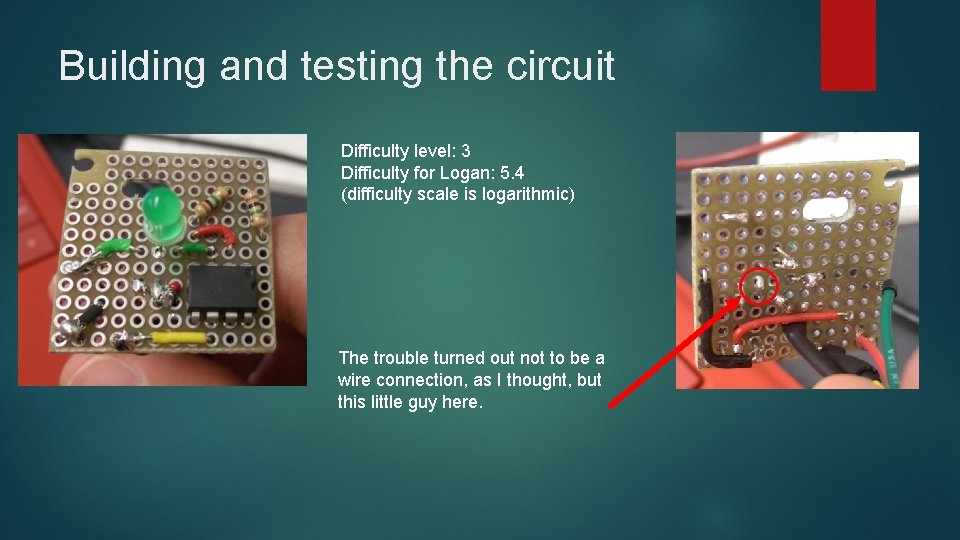 Building and testing the circuit Difficulty level: 3 Difficulty for Logan: 5. 4 (difficulty