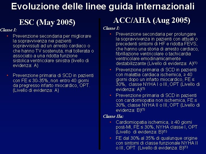 Evoluzione delle linee guida internazionali ESC (May 2005) Classe I: • Prevenzione secondaria per