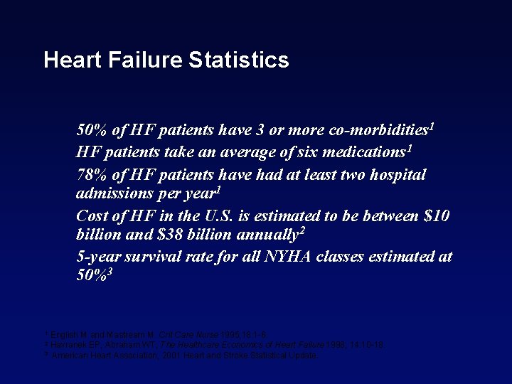 Heart Failure Statistics 50% of HF patients have 3 or more co-morbidities 1 HF