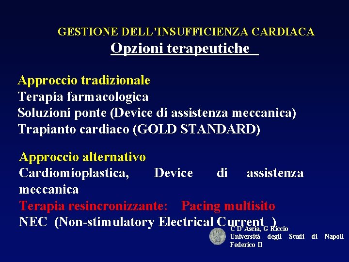 GESTIONE DELL’INSUFFICIENZA CARDIACA Opzioni terapeutiche Approccio tradizionale Terapia farmacologica Soluzioni ponte (Device di assistenza