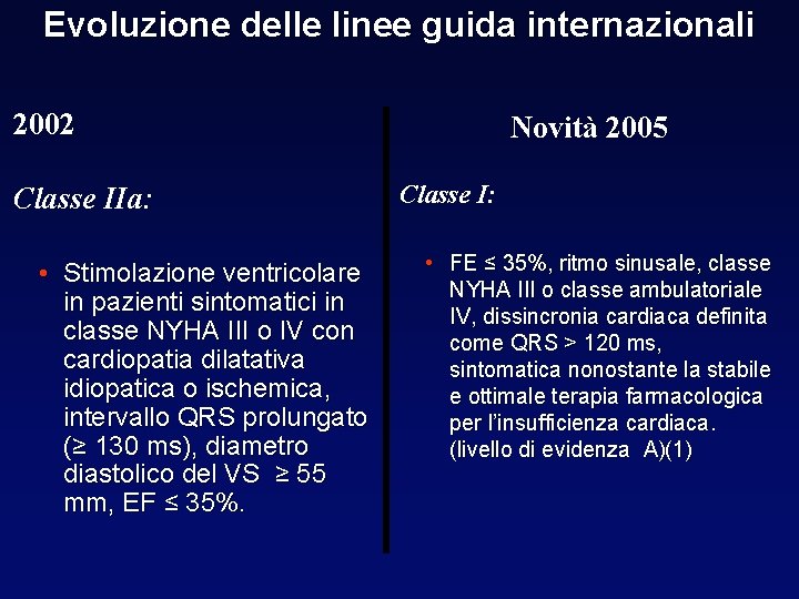 Evoluzione delle linee guida internazionali 2002 Classe IIa: • Stimolazione ventricolare in pazienti sintomatici