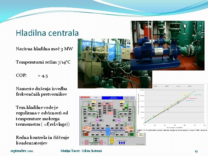 Hladilna centrala Nazivna hladilna moč 3 MW Temperaturni režim 7/14°C COP: > 4, 5