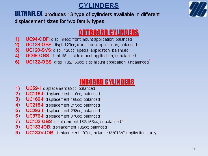 CYLINDERS ULTRAFLEX produces 13 type of cylinders available in different displacement sizes for two