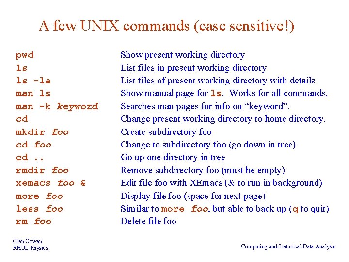 A few UNIX commands (case sensitive!) pwd ls ls -la man ls man -k