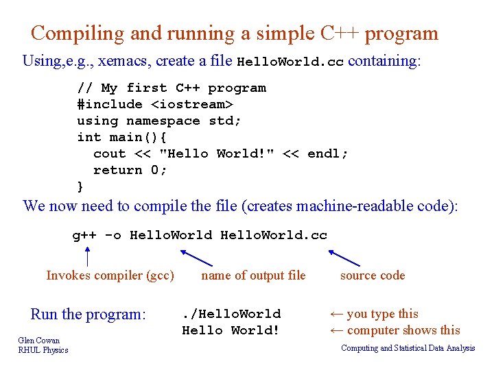 Compiling and running a simple C++ program Using, e. g. , xemacs, create a