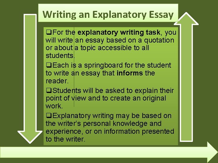 Writing an Explanatory Essay q. For the explanatory writing task, you will write an