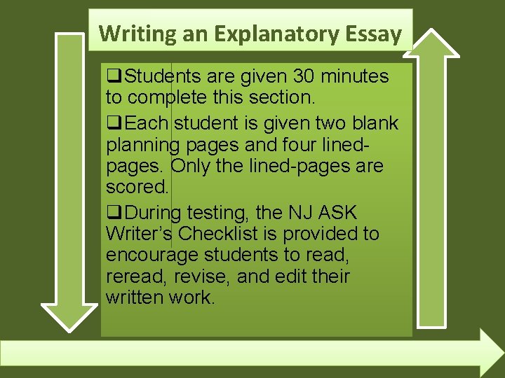 Writing an Explanatory Essay q. Students are given 30 minutes to complete this section.