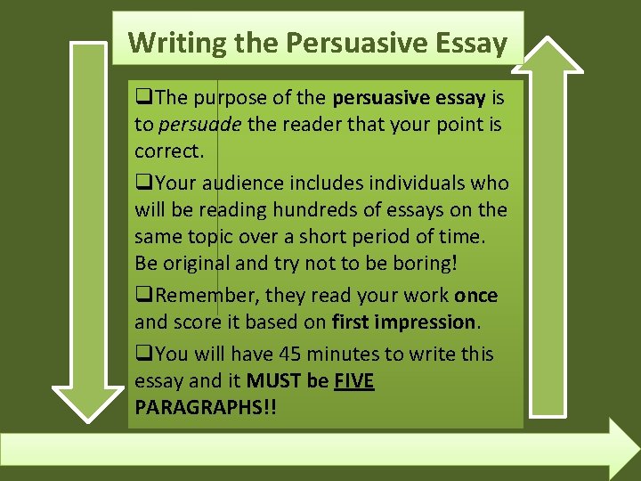 Writing the Persuasive Essay q. The purpose of the persuasive essay is to persuade