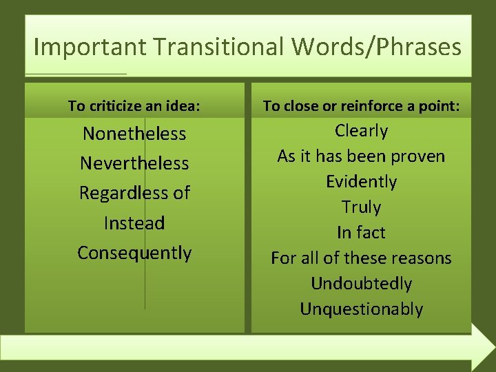 Important Transitional Words/Phrases To criticize an idea: To close or reinforce a point: Nonetheless