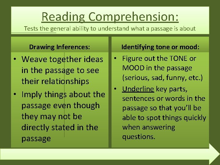 Reading Comprehension: Tests the general ability to understand what a passage is about Drawing