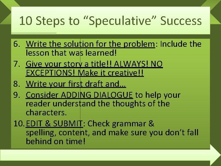 10 Steps to “Speculative” Success 6. Write the solution for the problem: Include the