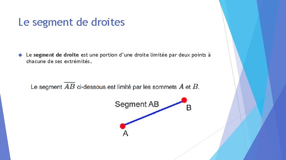 Le segment de droites Le segment de droite est une portion d’une droite limitée