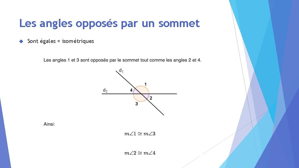 Les angles opposés par un sommet Sont égales = isométriques 