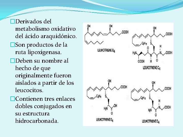 �Derivados del metabolismo oxidativo del ácido araquidónico. �Son productos de la ruta lipoxigenasa. �Deben