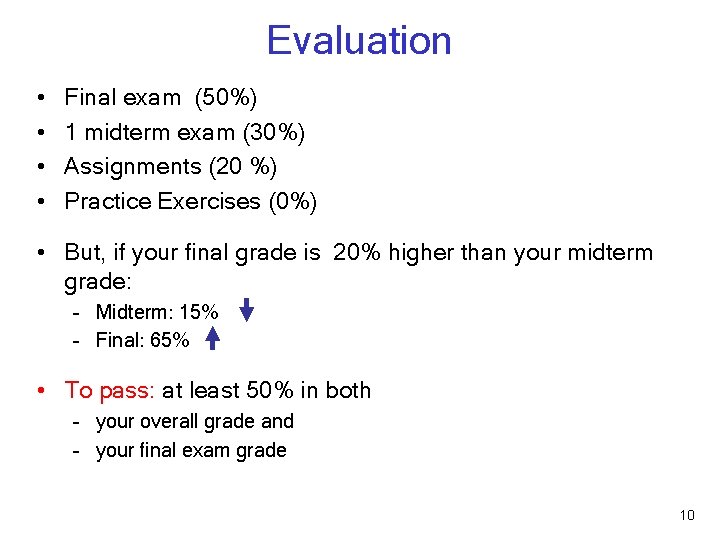 Evaluation • • Final exam (50%) 1 midterm exam (30%) Assignments (20 %) Practice