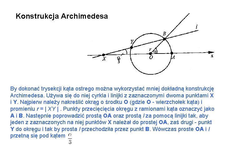 Konstrukcja Archimedesa By dokonać trysekcji kąta ostrego można wykorzystać mniej dokładną konstrukcję Archimedesa. Używa