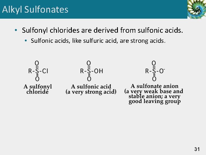 Alkyl Sulfonates • Sulfonyl chlorides are derived from sulfonic acids. • Sulfonic acids, like