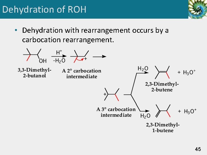 Dehydration of ROH • Dehydration with rearrangement occurs by a carbocation rearrangement. 45 