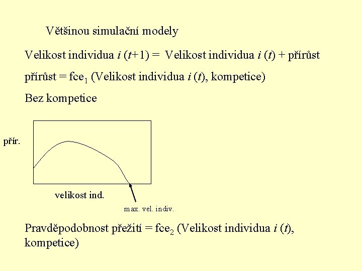 Většinou simulační modely Velikost individua i (t+1) = Velikost individua i (t) + přírůst