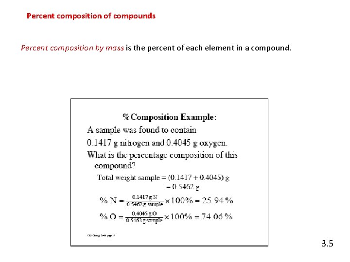 Percent composition of compounds Percent composition by mass is the percent of each element