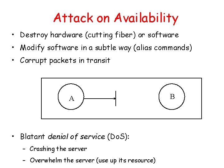 Attack on Availability • Destroy hardware (cutting fiber) or software • Modify software in
