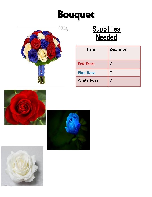 Bouquet Supplies Needed Item Quantity Red Rose 7 Blue Rose 7 White Rose 7