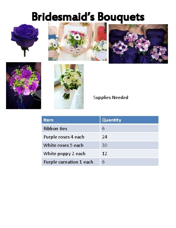 Bridesmaid’s Bouquets Supplies Needed Item Quantity Ribbon ties 6 Purple roses 4 each 24