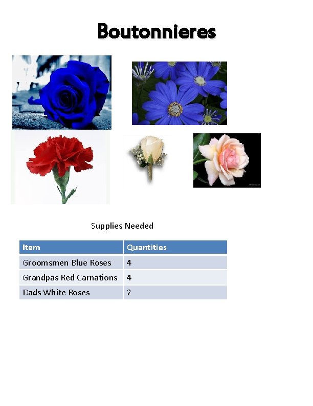 Boutonnieres Supplies Needed Item Quantities Groomsmen Blue Roses 4 Grandpas Red Carnations 4 Dads
