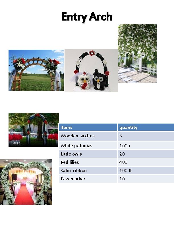 Entry Arch items quantity Wooden arches 3 White petunias 1000 Little owls 20 Red