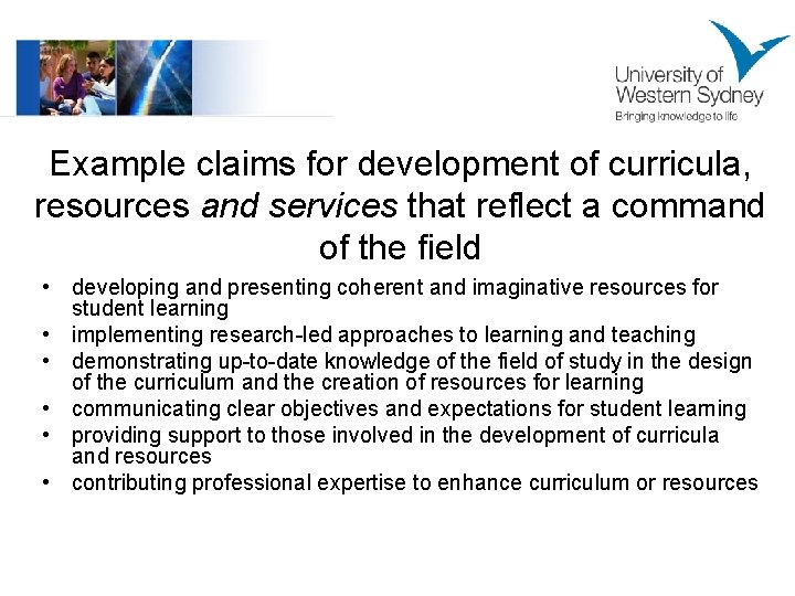 Example claims for development of curricula, resources and services that reflect a command of Example claims for development of curricula, resources and services that reflect a command of