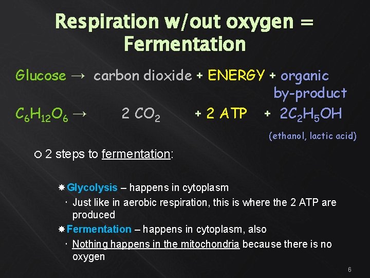 Respiration w/out oxygen = Fermentation Glucose → carbon dioxide + ENERGY + organic by-product