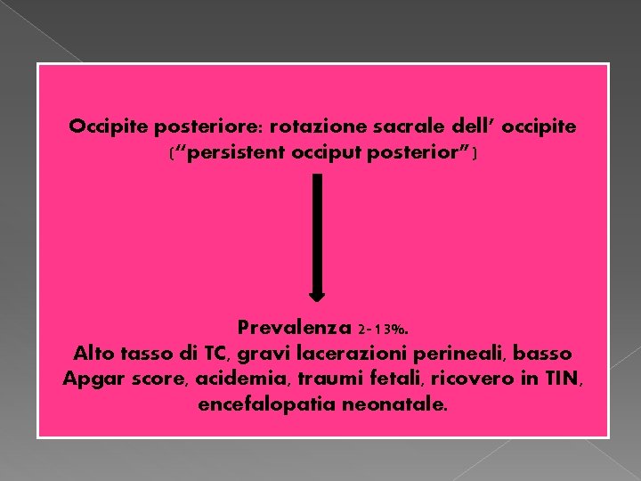 Occipite posteriore: rotazione sacrale dell’ occipite (“persistent occiput posterior”) Prevalenza 2 -13%. Alto tasso Occipite posteriore: rotazione sacrale dell’ occipite (“persistent occiput posterior”) Prevalenza 2 -13%. Alto tasso