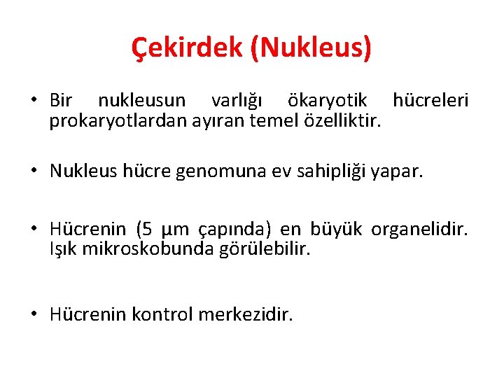 Çekirdek (Nukleus) • Bir nukleusun varlığı ökaryotik hücreleri prokaryotlardan ayıran temel özelliktir. • Nukleus