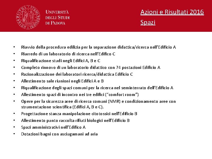 Azioni e Risultati 2016 Spazi • • • • Riavvio della procedura edilizia per