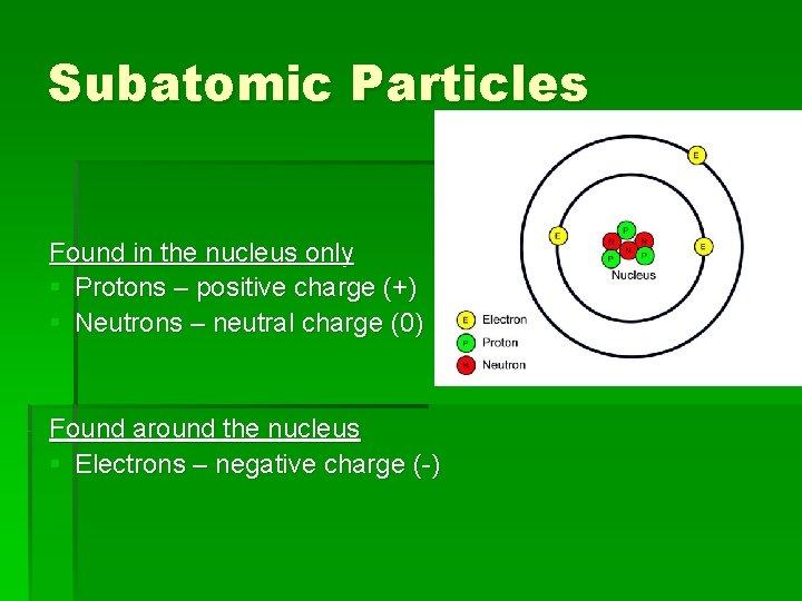 Subatomic Particles Found in the nucleus only § Protons – positive charge (+) §
