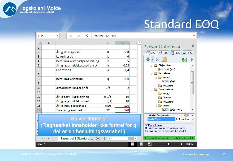 Standard EOQ Solver finner q* (Regnearket inneholder ikke formel for q, det er en