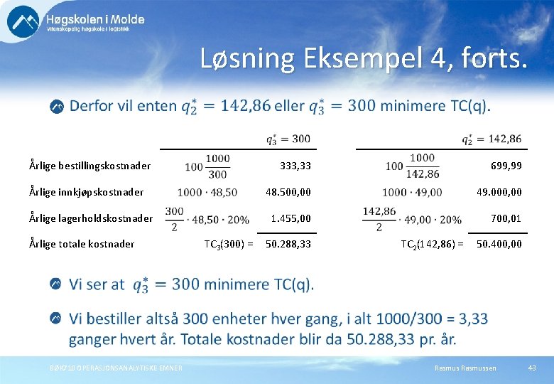 Løsning Eksempel 4, forts. Årlige bestillingskostnader Årlige innkjøpskostnader Årlige lagerholdskostnader Årlige totale kostnader BØK Løsning Eksempel 4, forts. Årlige bestillingskostnader Årlige innkjøpskostnader Årlige lagerholdskostnader Årlige totale kostnader BØK