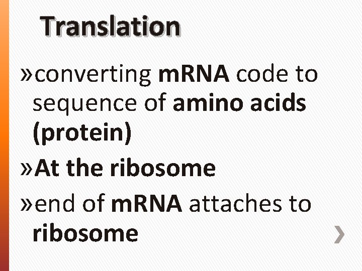 Translation » converting m. RNA code to sequence of amino acids (protein) » At